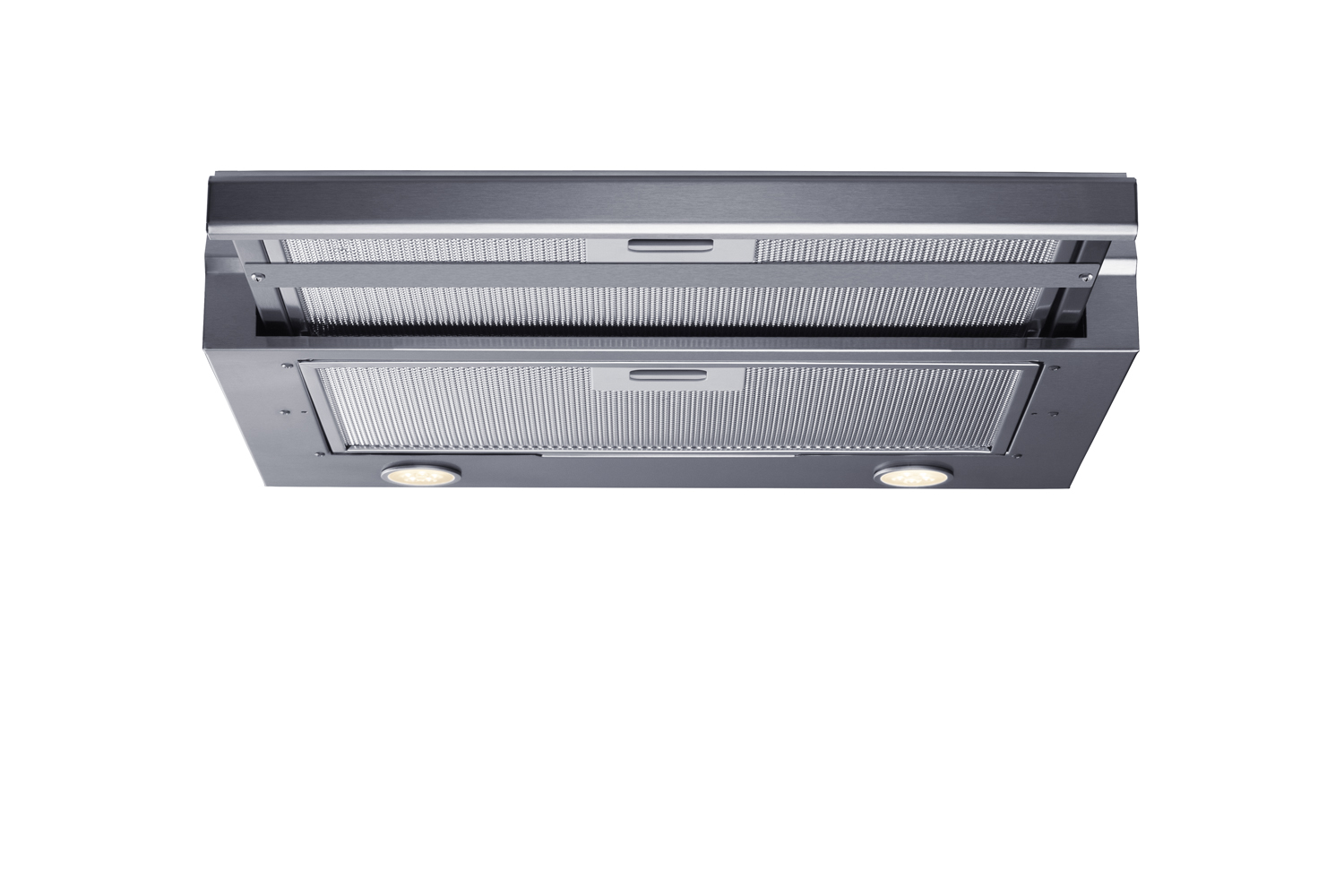 20 inch wide under cabinet retractable range hood for ductless use in stainless steel, made in the USA with power cord included